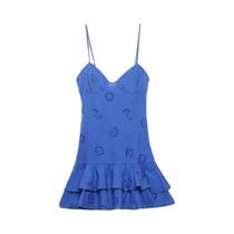 Mini Vestido Azul Para Mulheres Verão Zíper Lateral Fino Vintage Sem Costas Elástico Alças Finas Oco