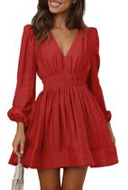 Mini vestido BWQ de manga comprida Deep V A-line Elástico Vermelho Coral M