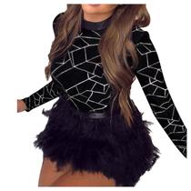 Mini vestido feminino de manga comprida malha sintética pena patchwork clube festa mini design