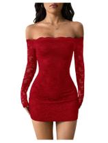 Mini vestido GORGLITTER de renda, mangas compridas, sem ombros, vermelho Mini vestido GORGLITTER de renda, mangas compridas, sem ombros, vermelho