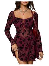 Mini vestido Milumia Floral com corte de renda, manga comprida, cor de vinho