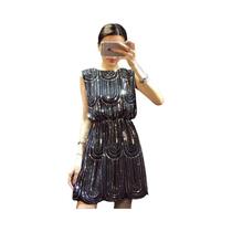 Mini vestido sem mangas de lantejoulas feminino, estilo casual, regata, o-pescoço, vestidos de festa