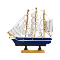 Miniatura Barco Navio de Madeira Veleiro Azul Enfeite 22cm - Gici Decor