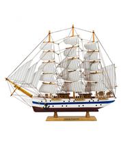 Miniatura Barco Navio Veleiro Madeira Casco Branco Base Marrom 47x10x57cm