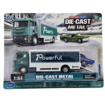 Miniatura Caminhão Cegonha + Carro Die-cast Metal 1:64 - Powerful + Caminhão Azul Miniatura Caminhão Cegonha + Carro Die-cast Metal 1:64 - Powerful + Caminhão Azul