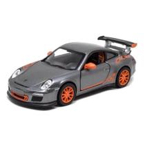 Miniatura Carrinho Porsche 911 GT3 RS 2010 Kinsmart 1/36 Metal e Fricção Cinza/Laranja.