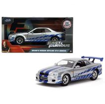 Miniatura Carro Nissan Skyline GT-R (R34) Prata e Azul Velozes e Furiosos Escala 1/32 Fast & Furious Jada Die-Cast