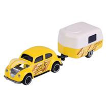Miniatura Carro Volkswagen Beetle/Fusca Com Trailer 1/64 Amarelo Majorette