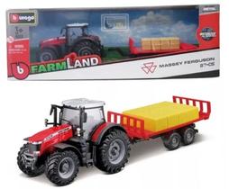 Miniatura Trator Agrícola Massey Ferguson 8740S (11 cm) c/ Reboque de Fardos - Farm Land - Burago