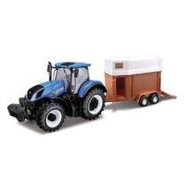 Miniatura Trator New Holland T7.315 HD C/ Reboque para Cavalos - Bburago - 1/32 Miniatura Trator New Holland T7.315 HD C/ Reboque para Cavalos - Bburago - 1/32