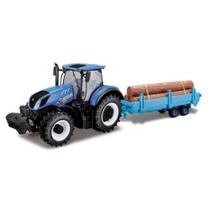 Miniatura Trator New Holland T7.315 HD C/ Reboque Toras - Bburago - 1/32