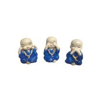 Miniatura Trio Buda Sabios Cego Mudo e Surdo Porcelana - Azul - Decore Casa