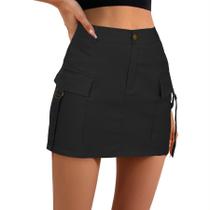 Minissaia cargo Zando Black Denim Y2K Button Feminina Preta