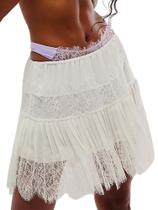 Minissaia ensswliz feminina de renda em camadas com borda floral, cintura baixa