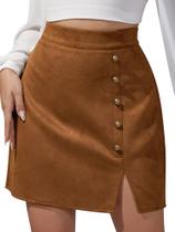 Minissaia Ezcosplay de camurça sintética com fenda de cintura alta cáqui Minissaia Ezcosplay de camurça sintética com fenda de cintura alta cáqui