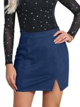 Minissaia Ezcosplay de camurça sintética de cintura alta com fenda azul marinho Minissaia Ezcosplay de camurça sintética de cintura alta com fenda azul marinho