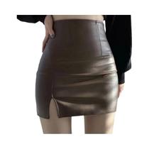 Minissaia Feminina De Couro PU Preta Com Cintura Alta, Fenda Lateral E Ajuste Justo Ao Quadril, Minissaia Feminina De Couro PU Preta Com Cintura Alta, Fenda Lateral E Ajuste Justo Ao Quadril,