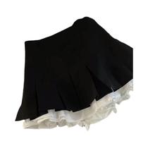 Minissaia Preta Feminina Plissada De Cintura Alta Com Babados Estilo Coreano Patchwork E Saia Godê