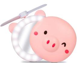 Miniventilador usb porquinho rosa com espelho led