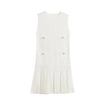 Minivestido Amarelo Plissado de Malha - Sem Mangas, Gola Redonda - Moda Verão