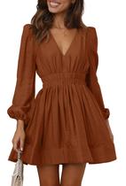 Minivestido BWQ Burnt Orange em linha A, elástico, cintura alta, feminino