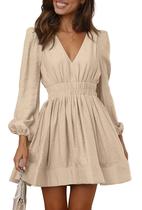 Minivestido BWQ de manga comprida Deep V A-line, damasco, damasco