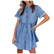 Minivestido feminino de manga curta jeans azul bolso casual verão fluído swing Minivestido feminino de manga curta jeans azul bolso casual verão fluído swing