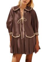 Minivestido feminino ICOBID, fofo, gravata borboleta, frente aberta, lapela, encadernação contrastante, manga 3/4, plissado, uma linha, vestidos, café