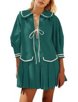 Minivestido feminino ICOBID, fofo, gravata borboleta, frente aberta, lapela, encadernação contrastante, manga 3/4, plissado, uma linha, vestidos verdes