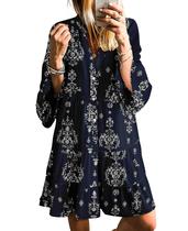 Minivestido feminino SELINK, manga comprida, decote em V, estampa tribal azul marinho Minivestido feminino SELINK, manga comprida, decote em V, estampa tribal azul marinho