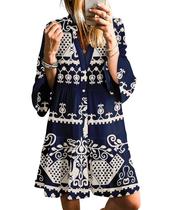 Minivestido feminino SELINK, manga comprida, decote em V, estampa tribal Minivestido feminino SELINK, manga comprida, decote em V, estampa tribal