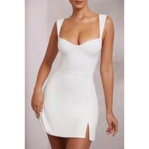Minivestido feminino sem mangas com decote em coração evasê dividido bodycon