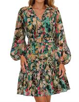 Minivestido floral feminino ZESICA, 2025, outono, manga comprida, chiffon, linha A, convidados de casamento, festas, vestidos curtos com cinto, verde, grande