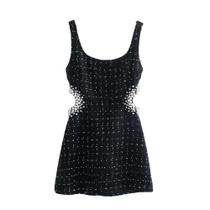 Minivestido Preto Vintage com Zíper, Detalhes de Pérolas e Decote Vazado Minivestido Preto Vintage com Zíper, Detalhes de Pérolas e Decote Vazado