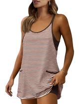 Minivestido Zhiyouni Summer Athletic com decote em V listrado marrom feminino Minivestido Zhiyouni Summer Athletic com decote em V listrado marrom feminino