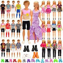 Miunana Lot 34 pcs Roupas aleatórias Boneca Conjunto para boneca de 11,5 polegadas Boneca, Includ 10 Ken Boy Clothes + 5 Girl Clothes + 5 Girl Fashion Skirts + 4 pares de Sapatos Ken Boy + 10 pares de sapatos girl doll
