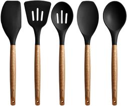 Miusco Non-Stick Silicone Kitchen Utensils Set com alça natural de acácia dura madeira, 5 peças, preto, bpa livre, assando e servindo utensílios de cozimento de silicone