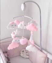 Móbile Musical Bebe Nuvem Chuva Amor Berço Benção Rosa Bebê