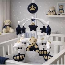 Móbile Musical de Berço Bebê Ursinho Príncipe Azul Marinho e Dourado