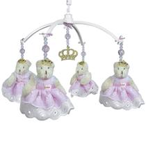 Móbile Musical Ursa Princesa Rosa e Coroa Dourada Quarto Bebê Infantil Menina