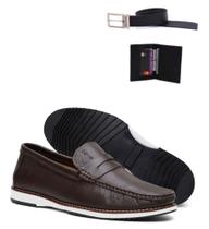 Mocassim Docksider Masculino Em Couro Calce Fácil Elegante Kit