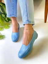 Mocassim Feminino Azul Couro Legítimo Confort Luxo Sapatilha Bico Quadrado Marca Nilza Camargos