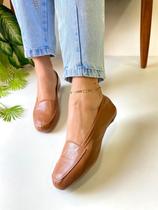 Mocassim Feminino Caramelo Couro Legítimo Sapatilha Bico Quadrado Marrom Marca Nilza Camargos