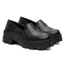 Mocassim Feminino Croco Salto Baixo Tratorado Moda Conforto