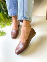 Mocassim Feminino Marrom Couro Legítimo Confort Sapatilha Bico Quadrado Marca Nilza Camargos