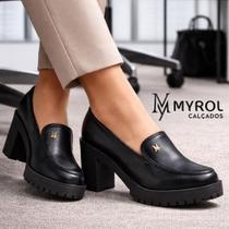 Mocassim Feminino Oxford Salto Alto Com Metal Preto
