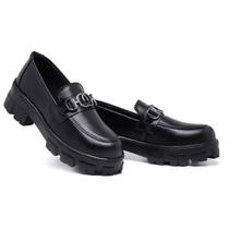 Mocassim Feminino Preto Couro Confort Sola Tratorada Moderno