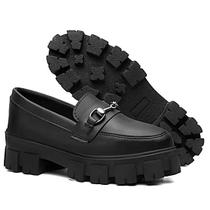 Mocassim Feminino Preto Moderno Tratorado Blogueira Conforto Oxford