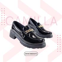 Mocassim Feminino preto verniz ABS dourado enfeite