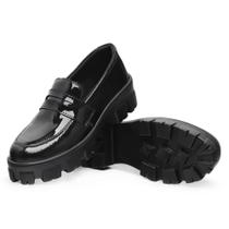 Mocassim Feminino Tratorada Preto Verniz Moda Confortável e Estilosa